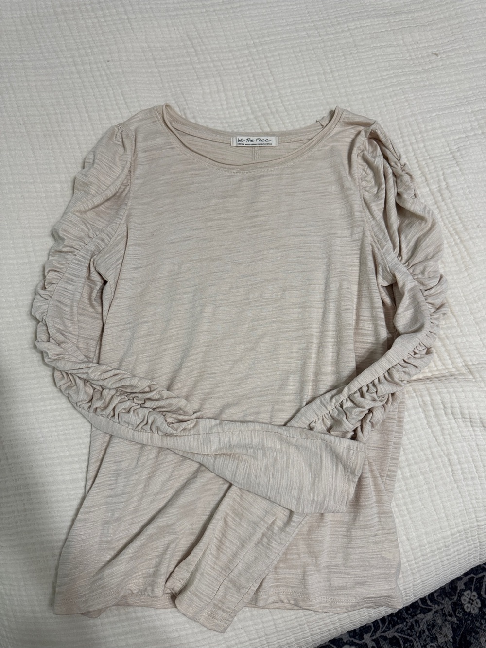 We The Free Beige Ruffle-Sleeve Long Sleeve Top